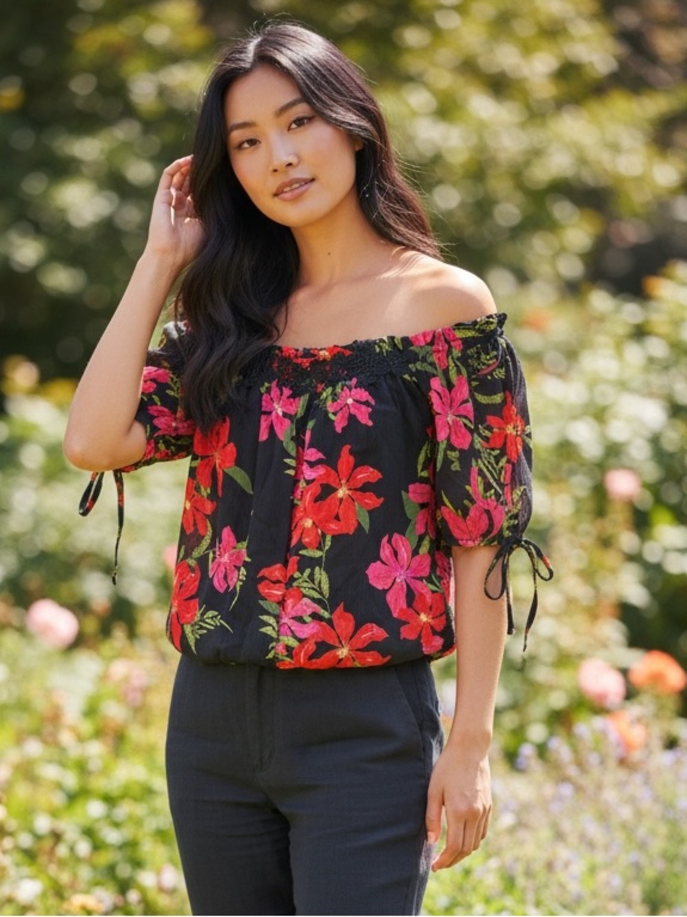 Guess Black Off-Shoulder Floral Top with Pink & Red Blooms